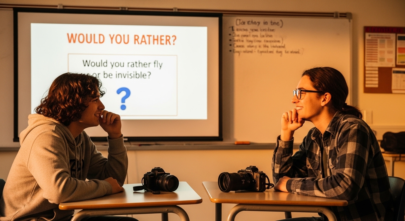 Two students smiling and playfully debating a fun “Would You Rather?” question on a quiz screen in class.