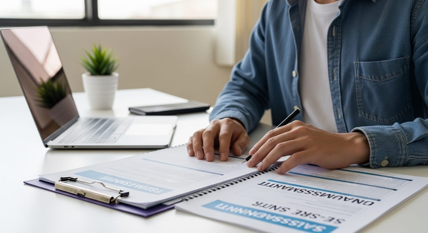 A teacher creating a quiz on a laptop while referencing a written curriculum document to align learning objectives.