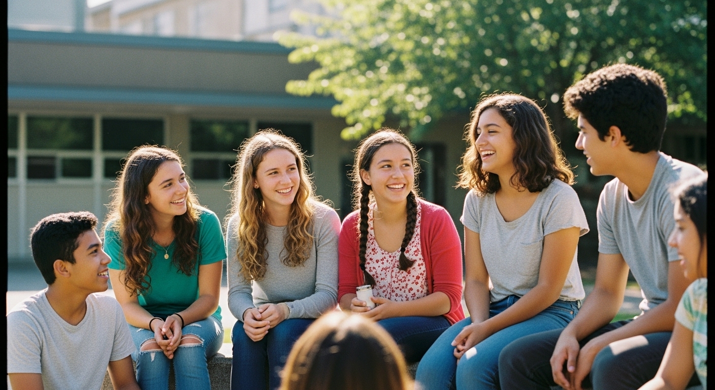 A diverse group of middle school students laughing and chatting outside on a sunny day, sharing summer memories in a relaxed classroom icebreaker activity.