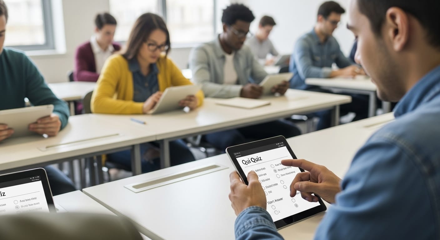 Classroom setting with students taking a digital quiz on tablets that include multiple choice and short answer questions.