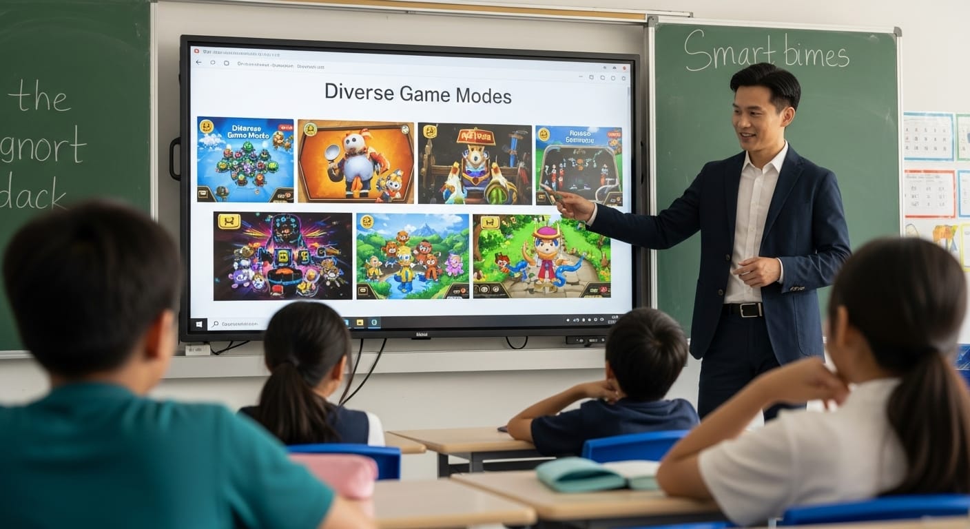 Teacher guiding students in selecting the ideal Gimkit game mode for their learning objectives