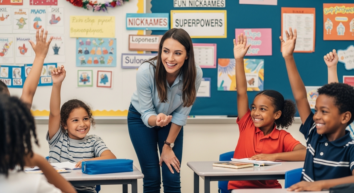 A cheerful teacher engaging with students during a creative classroom game where each student shares their nickname and made-up superpower.