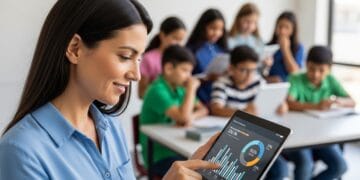 A teacher thoughtfully analyzing data on a tablet, with a classroom of diverse, engaged students in the blurred background. The tablet screen displays a colorful, clear data visualization, symbolizing Gimkit reports. The image conveys data-informed instruction and understanding learning gaps.