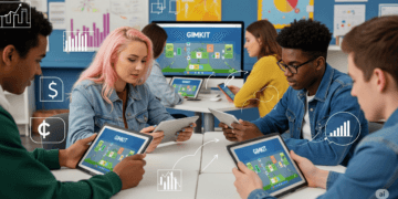 A group of diverse students in a modern classroom actively engaged with Gimkit on tablets and computers, demonstrating real-world learning skills like financial literacy, problem-solving, and teamwork.