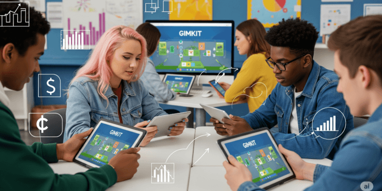 A group of diverse students in a modern classroom actively engaged with Gimkit on tablets and computers, demonstrating real-world learning skills like financial literacy, problem-solving, and teamwork.