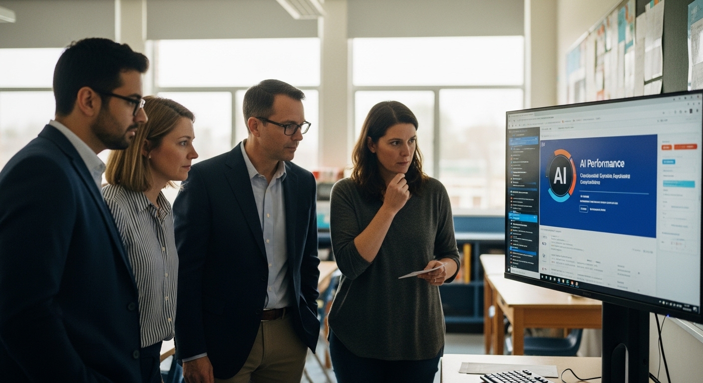 A school administrator reviewing AI performance dashboards with teachers to ensure transparency and accountability