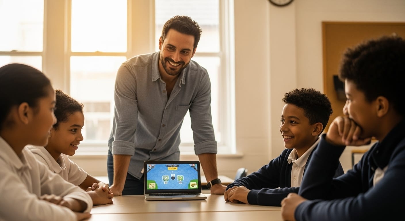 Confident educator smiling after smoothly running a digital classroom game, students looking impressed and engaged