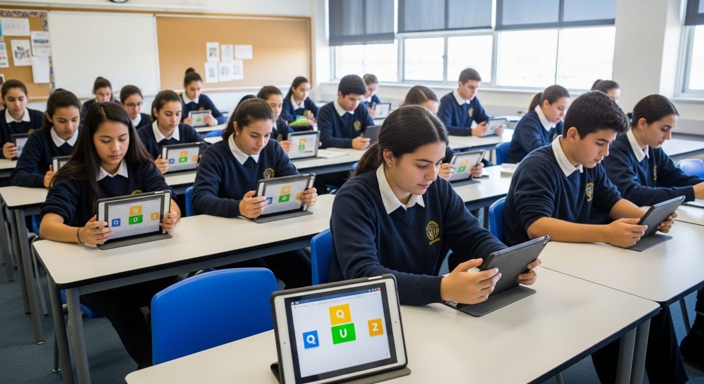 Whole class of students participating in a quiz game with tablets, each actively engaged in answering questions