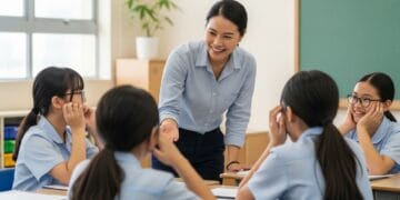 Teacher giving enthusiastic verbal praise to a student team showing good teamwork in a classroom game session.