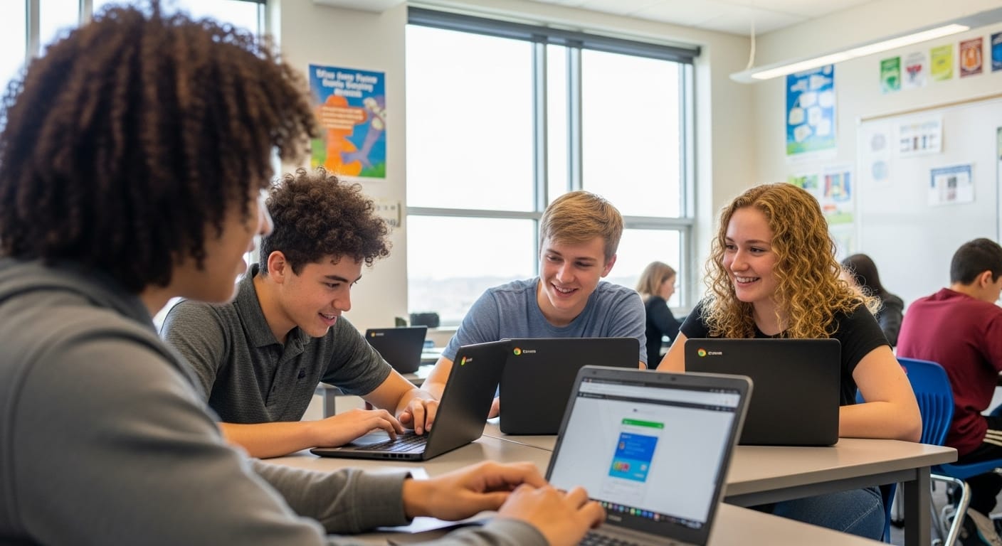 Students using Chromebooks in a classroom, working together on web-based learning apps