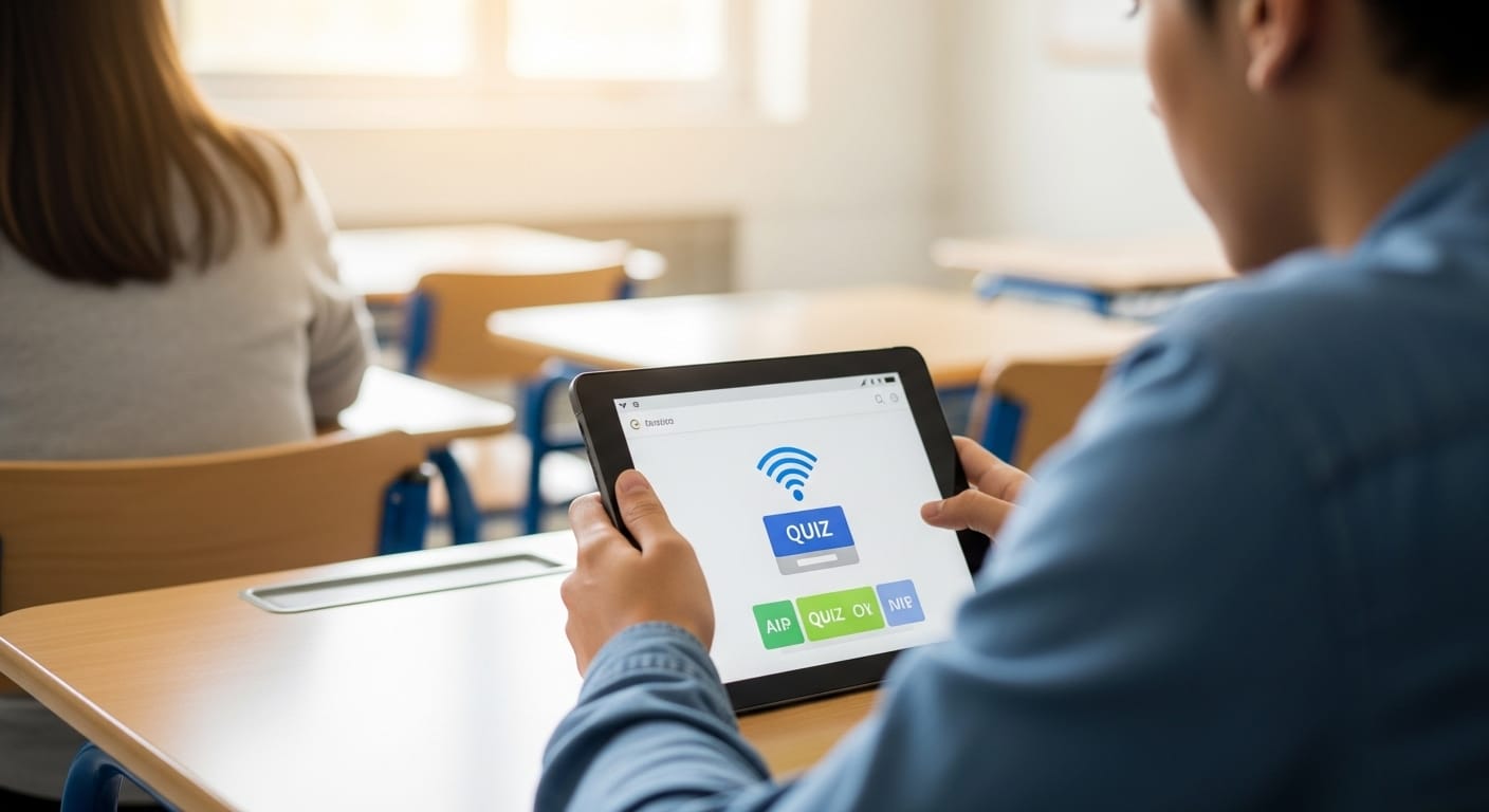 Student using a tablet connected to strong Wi-Fi in a classroom setting, playing an online quiz game without lag