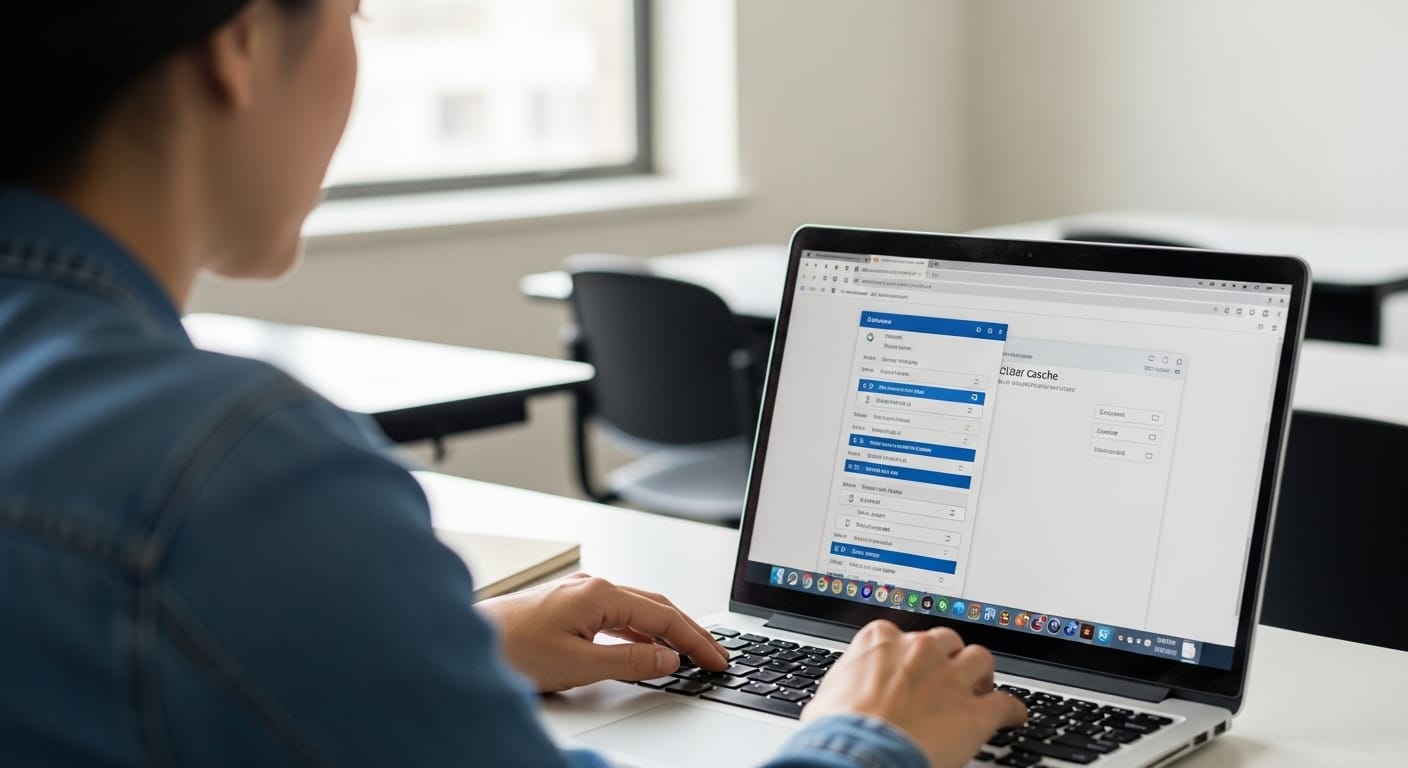 Teacher optimizing browser performance by closing tabs and clearing cache on a laptop before an online quiz game