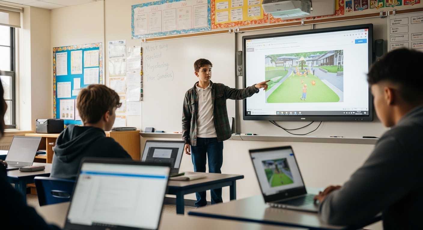 Confident student leading a classroom Gimkit game while others play on their laptops