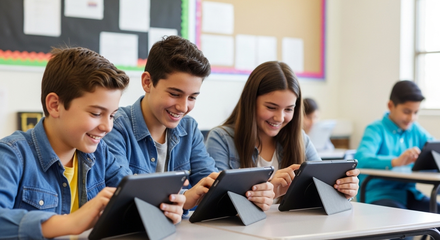 Happy middle school students actively participating in a classroom activity, showing excitement and motivation while engaging in a digital learning game.