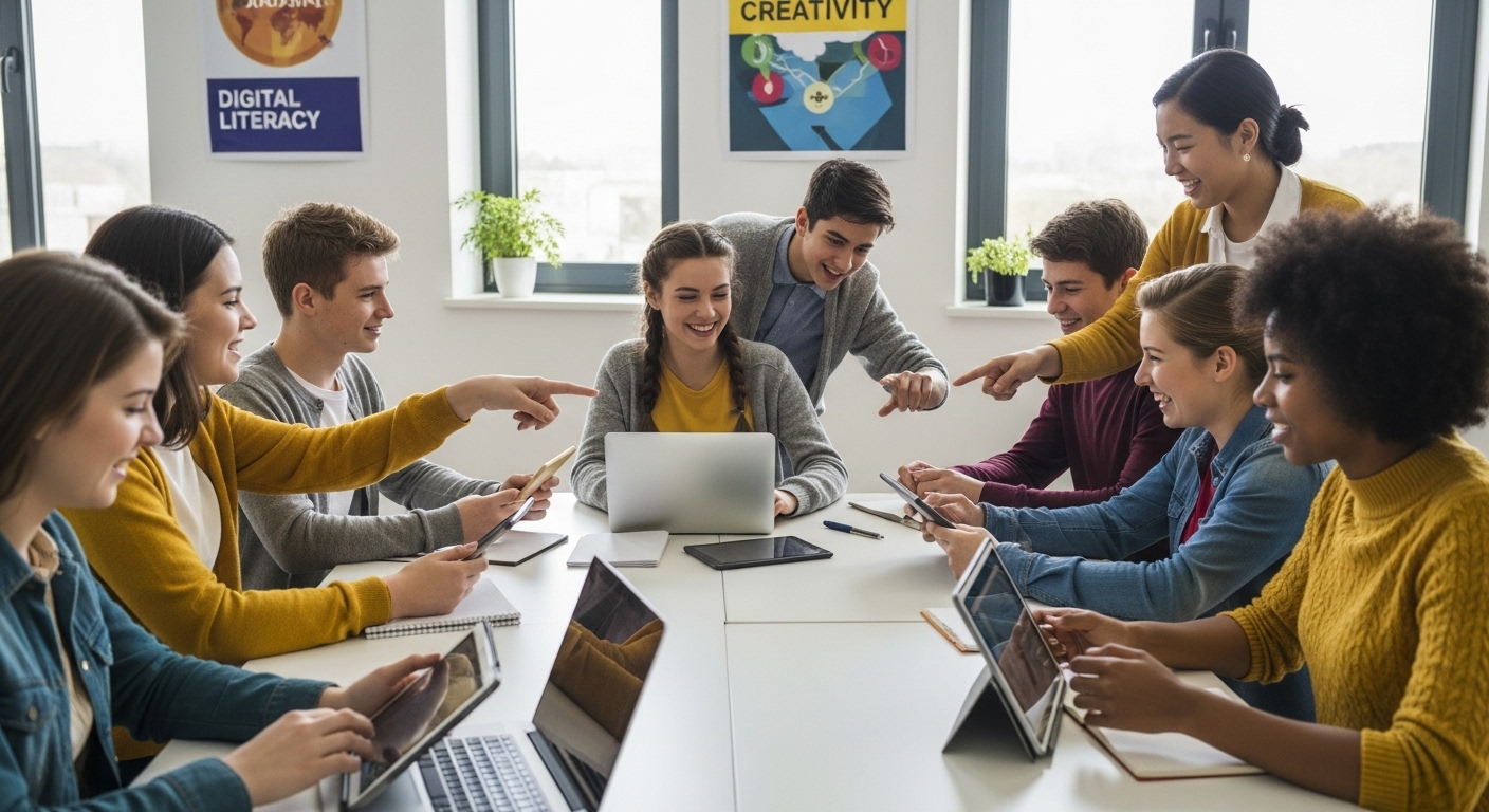 Teen students brainstorming with tablets and laptops, showing teamwork and creative planning during a gamified learning session.