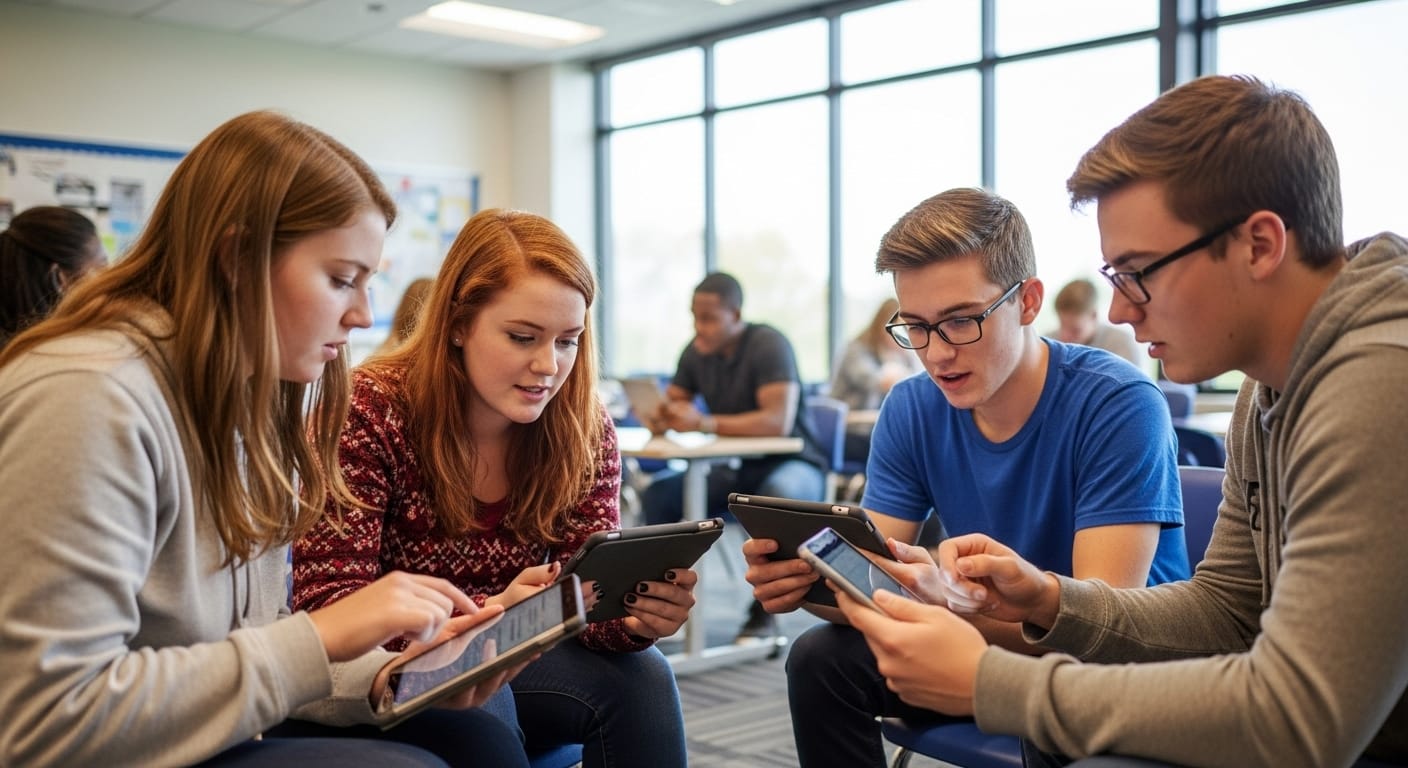 Students using iPads in a classroom, focused on an educational app