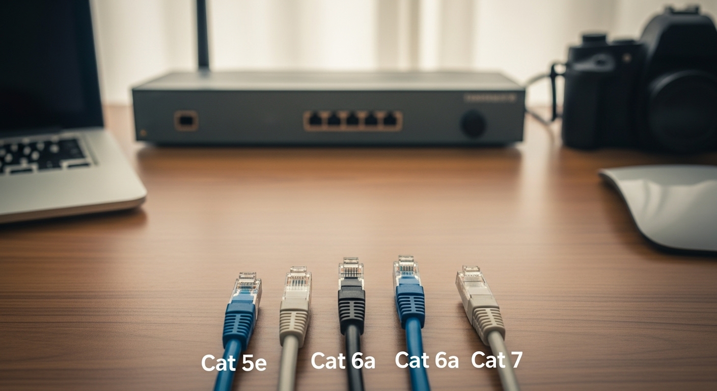 Visual chart comparing Cat 5e, Cat 6, Cat 6a, and Cat 7 Ethernet cables on a desk with labeled categories