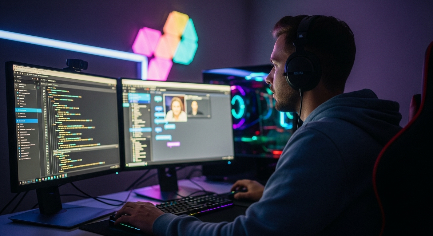 Modern gamer managing server tools, writing code, and participating in community chats, representing the new digital leadership role
