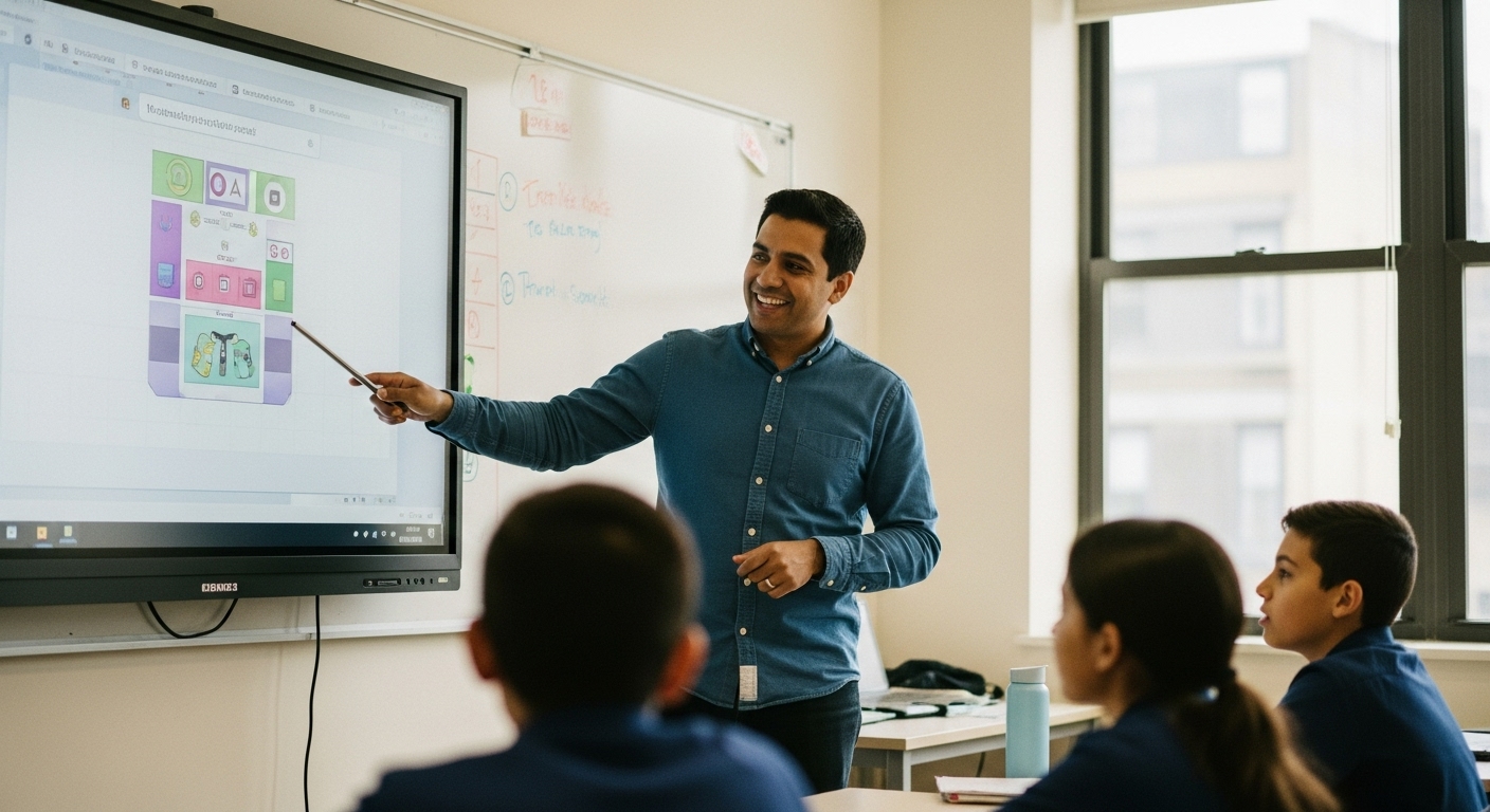 Smiling teacher pointing at a digital whiteboard while students listen attentively to game instructions.