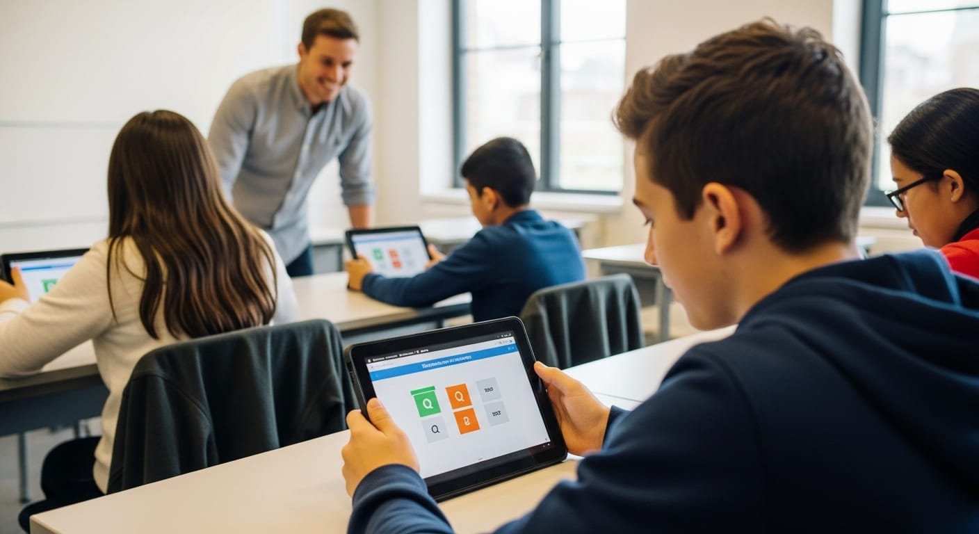 Students using tablets or laptops in a classroom setting, engaging with Gimkit before a group discussion.