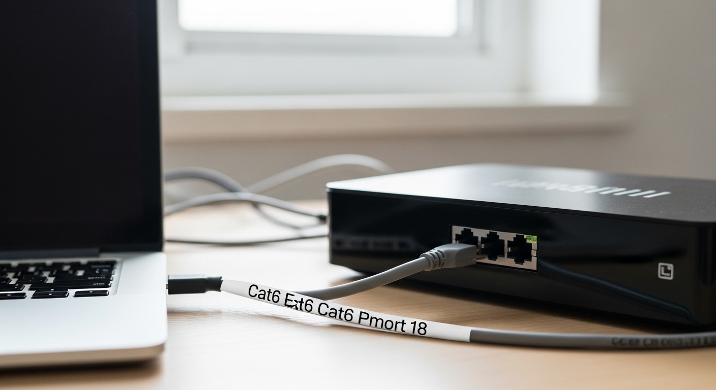 Modern home network setup showing router, laptop, and high-speed Ethernet cable, representing importance of matching cable to internet speed.
