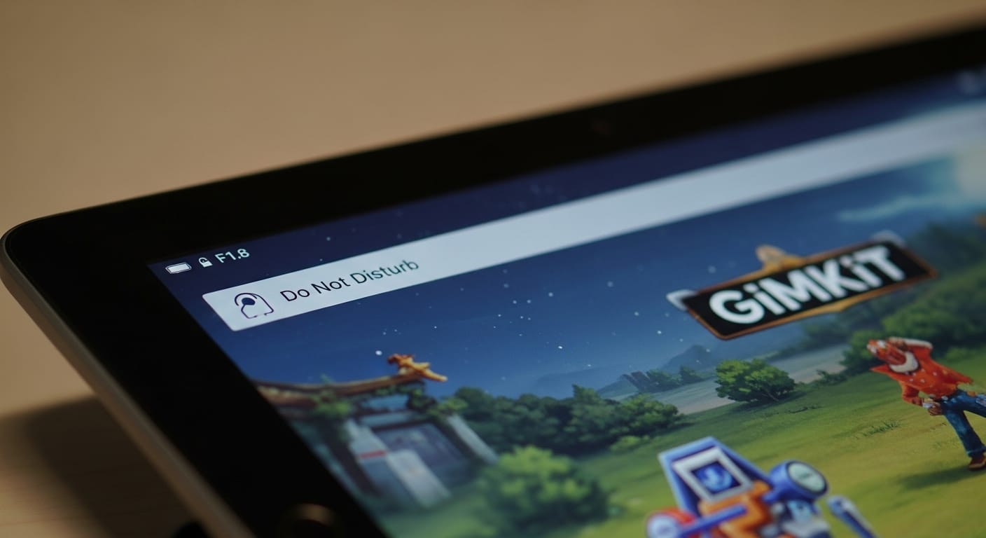 Android tablet with “Do Not Disturb” mode activated, avoiding pop-up notifications while playing Gimkit