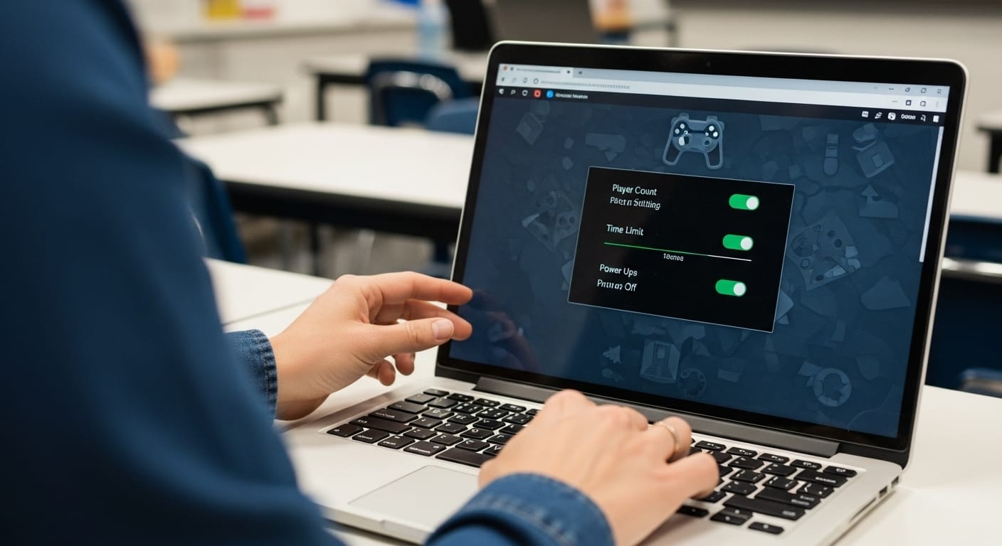 Teacher changing Gimkit game settings on a laptop to reduce player count and simplify game features
