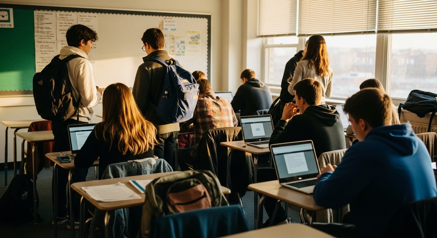 End-of-day classroom moment with students packing up and answering a final fun quiz question on Gimkit to stay focused before leaving