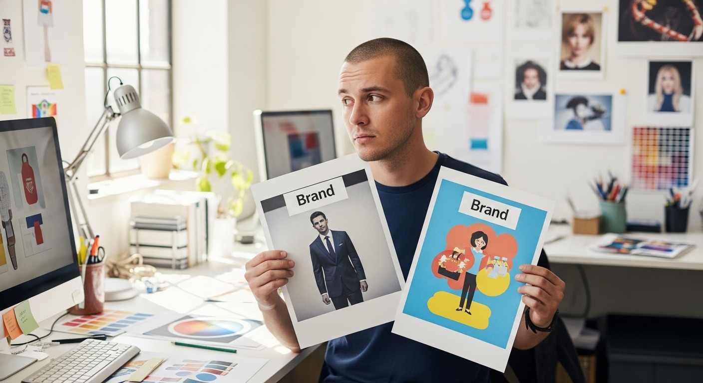 A designer comparing two ad copies with completely different tones, looking confused and concerned.