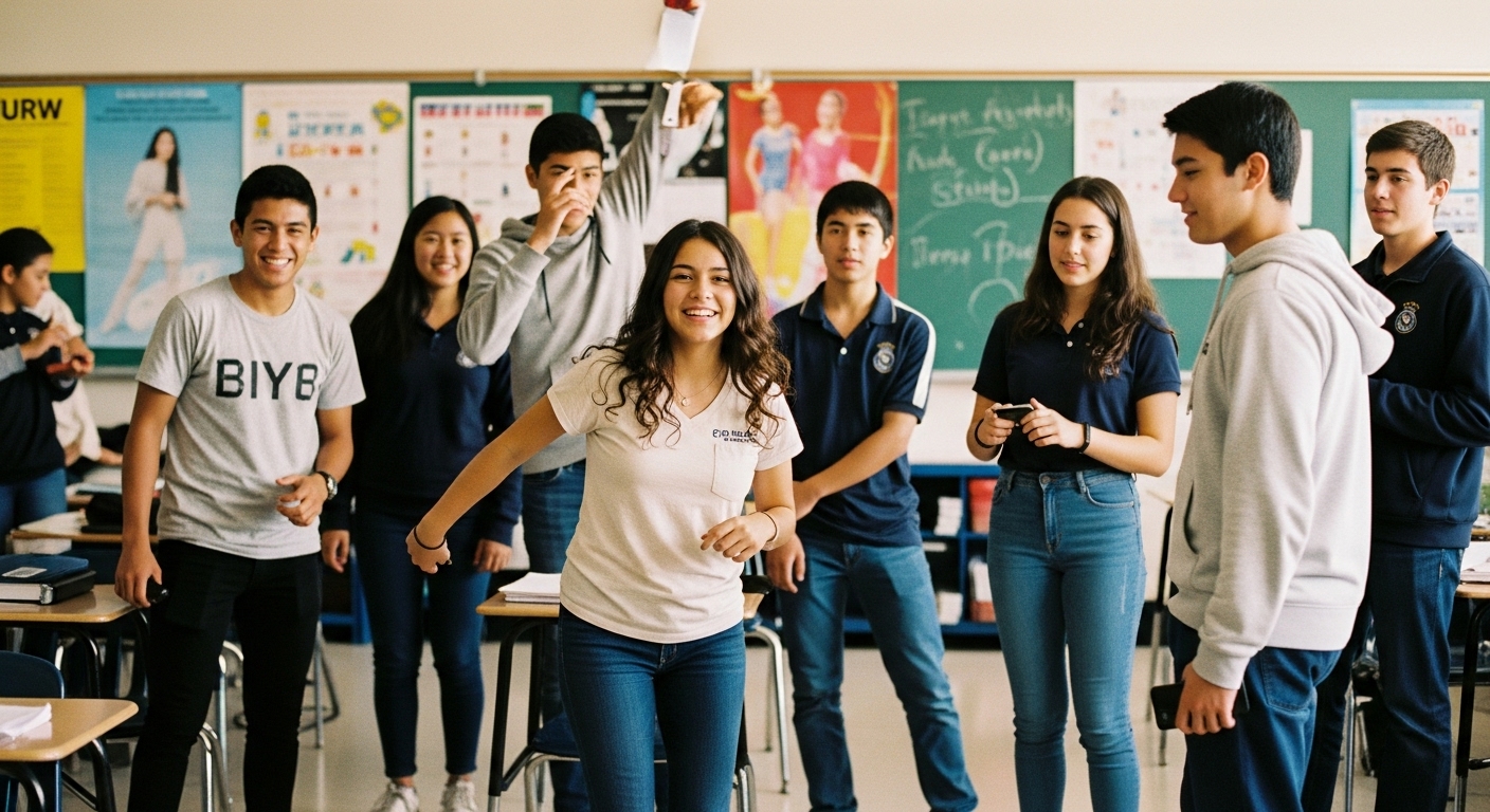 Students laughing and moving around during a Gimkit brain break session after a challenging school task, fostering active learning