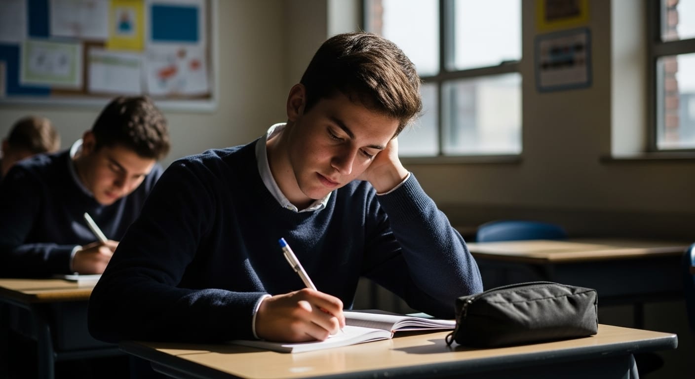 Student writing reflections in a notebook after a class discussion, looking thoughtful.