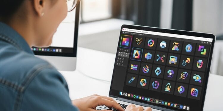 A creative professional, with a laptop open displaying customizable illustrations, smiles confidently in a modern, well-lit studio. Various digital tools and design elements are subtly visible in the background, emphasizing efficiency and creativity in design.