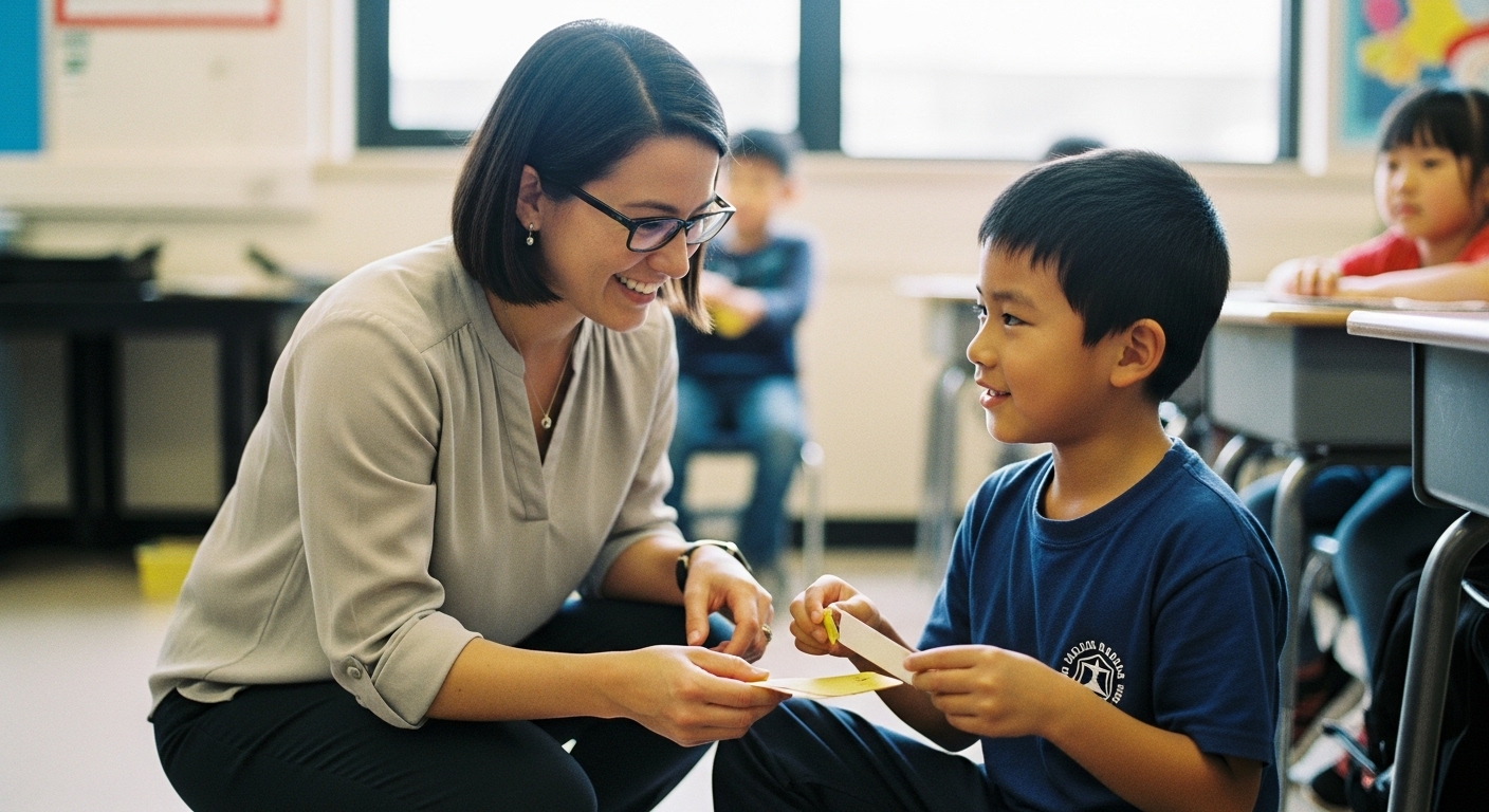 Friendly teacher having a short discussion with a student about missed quiz questions after a quick classroom game.