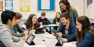 Middle school students collaborating on tablets during a Gimkit game in a colorful classroom, guided by a smiling teacher encouraging teamwork