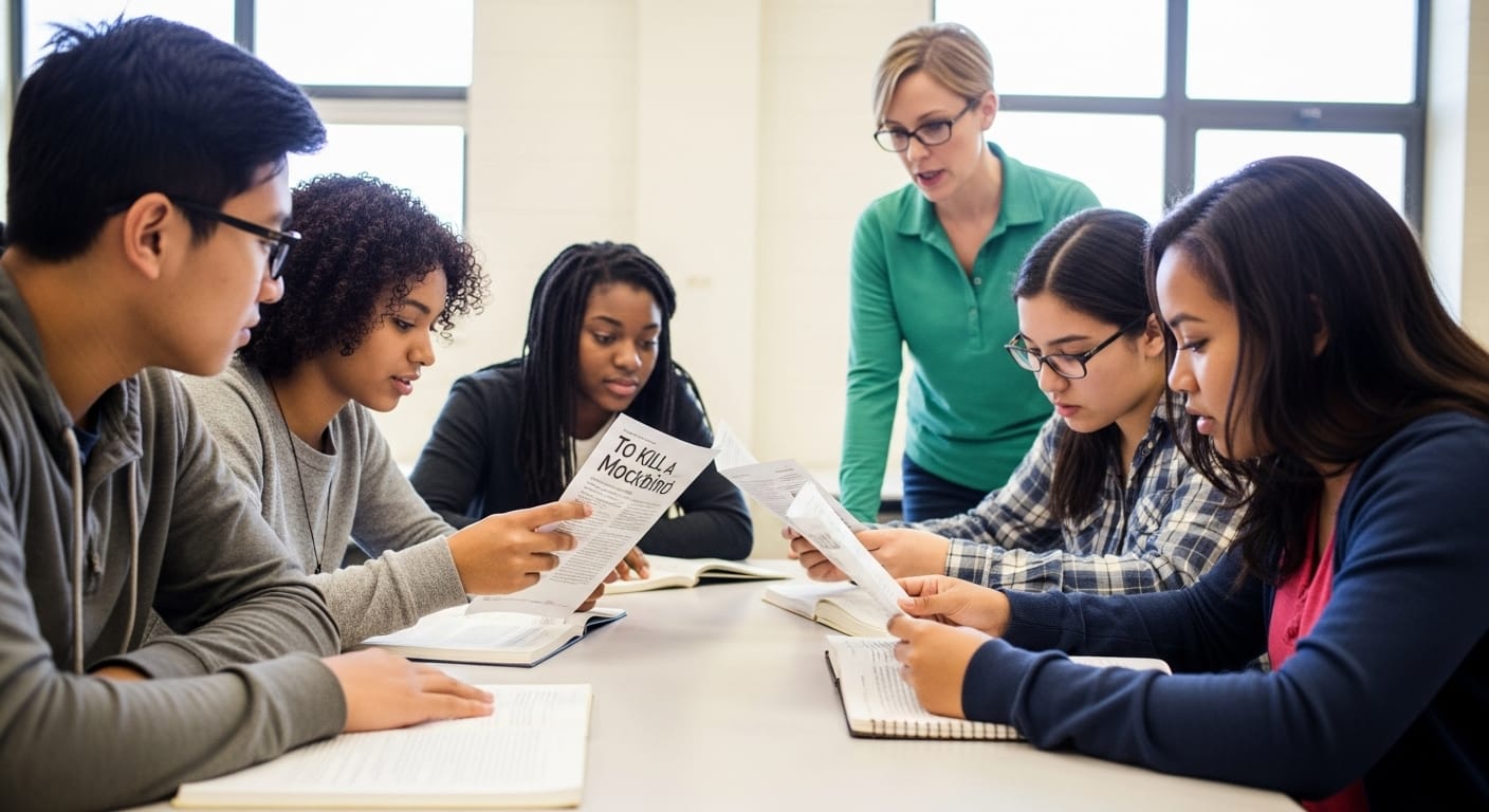 High school students analyzing quotes from 'To Kill a Mockingbird' in a classroom discussion