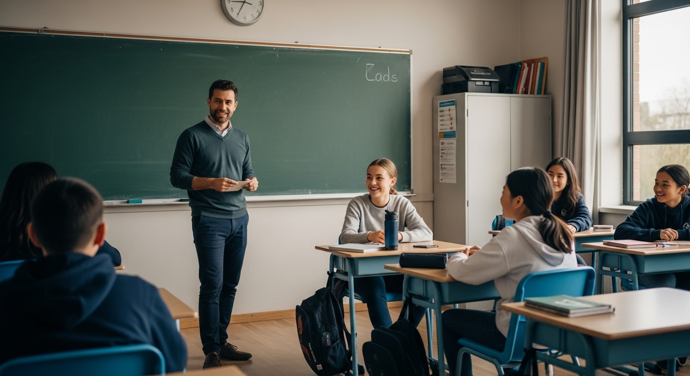 A teacher giving quick feedback to students after a game session in a relaxed classroom.