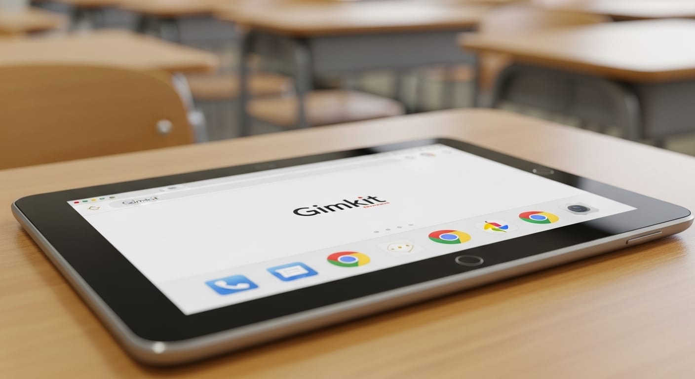 Close-up of an Android tablet screen showing Google Chrome browser with Gimkit website loaded