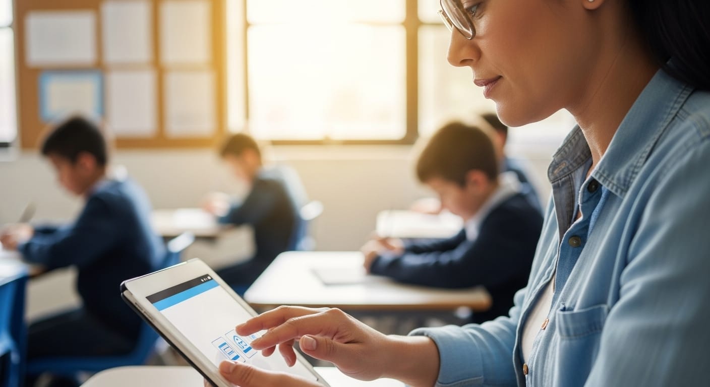 Teacher confidently using an intuitive interface on a digital device during class, representing reduced mental load with educational technology