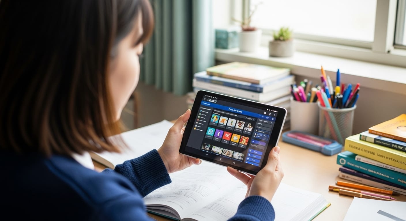 Gimkit game mode with complex layout displayed on a small Android tablet screen