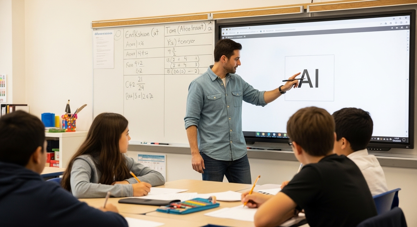 A math teacher using AI tools on a smartboard while engaging students in traditional math problem-solving
