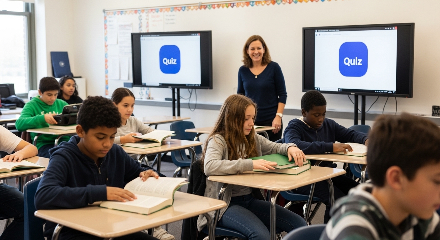A teacher and students using a short Gimkit activity to transition between school subjects in a lively classroom setting