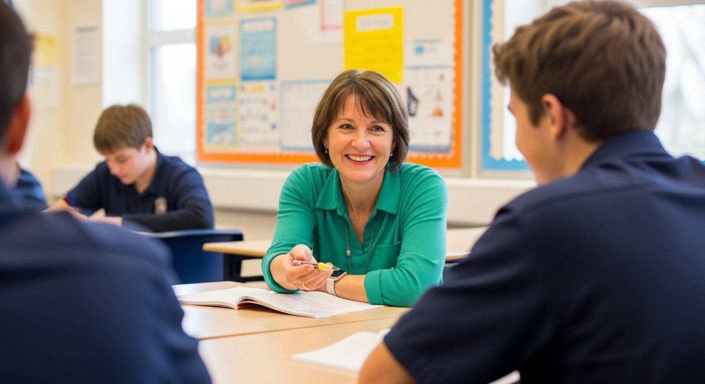 A teacher positively acknowledging a student’s effort during a classroom learning game.

