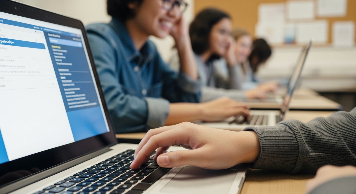 Students actively typing and submitting questions in a live KitCollab session on Gimkit, showing collaborative content creation during class.