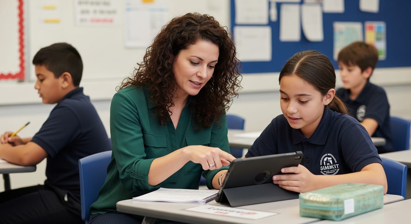 Teacher providing one-on-one support to a student in class, using data insights from Gimkit homework in a differentiated instruction setting.