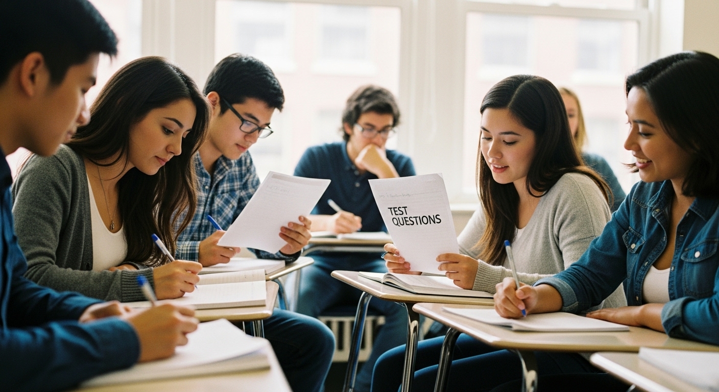 Students creating review questions in a classroom setting, peer-teaching before a test using the Unit Review Kit strategy