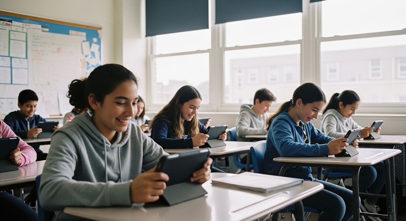 Excited students engaging with an interactive classroom game on tablets, showcasing immediate energy and motivation sparked by Gimkit.