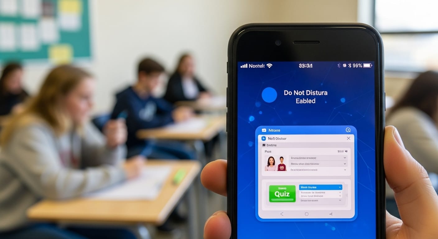 Smartphone with notifications turned off and ‘Do Not Disturb’ mode enabled during a live quiz game session