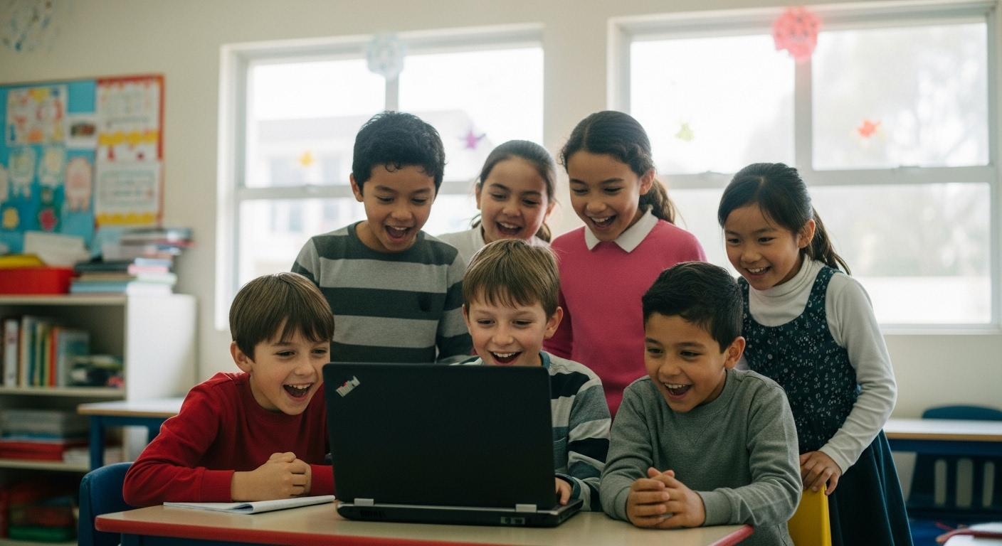 Group of elementary students showing excitement while using a learning game on a laptop in a classroom, demonstrating instant engagement