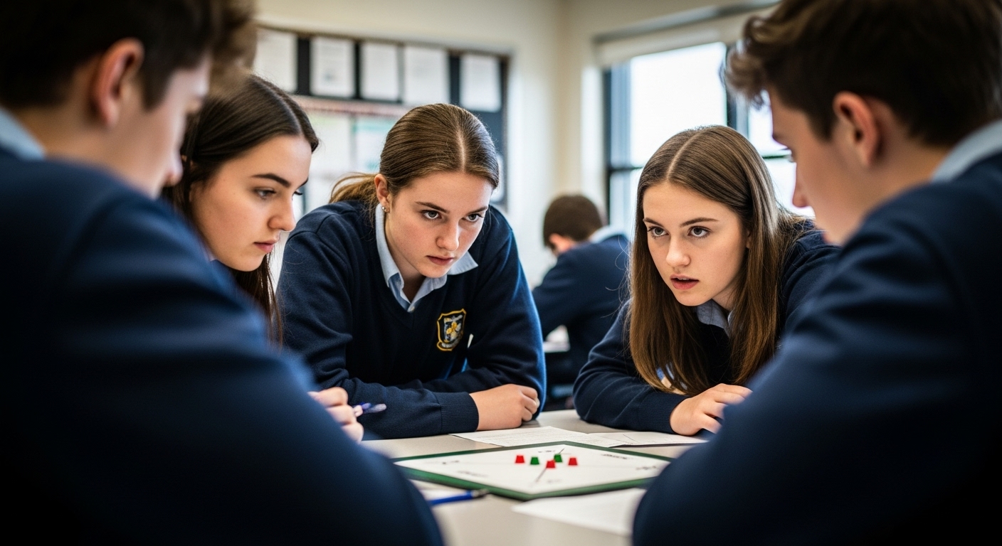 Students in small groups having intense discussions and making decisions during a classroom strategy game like Gimkit’s Trust No One mode.
