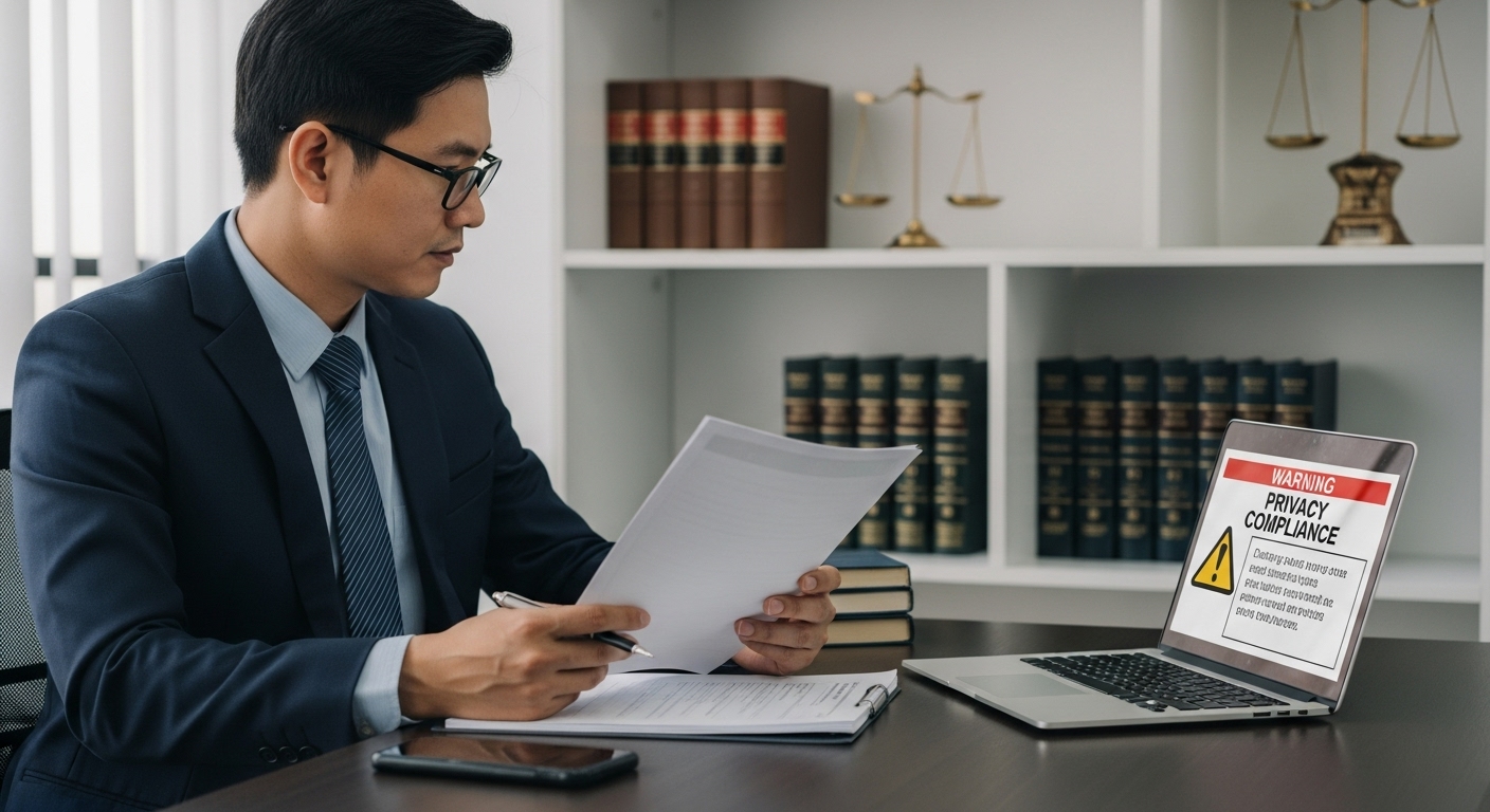Concerned legal advisor reviewing documents related to ad compliance and privacy violations in a corporate setting